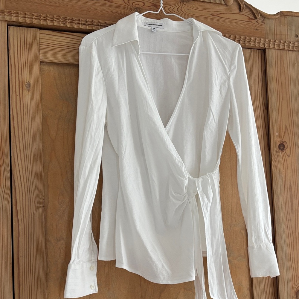 White Wrap Blouse with Collared V-Neck and Side Tie